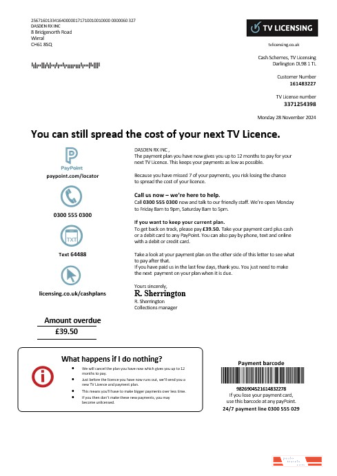 United Kingdom TV Licensing business utility bill template in Word and PDF formats